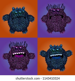 Set of funny cartoon monsters. Vector illustrations of cute fluffy characters.