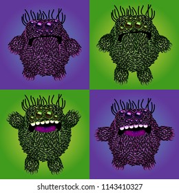 Set of funny cartoon monsters. Vector illustrations of cute fluffy characters.