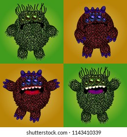 Set of funny cartoon monsters. Vector illustrations of cute fluffy characters.