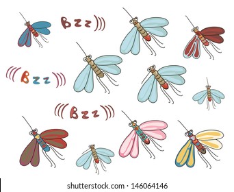 set of funny cartoon mosquitoes with different lettering and colors