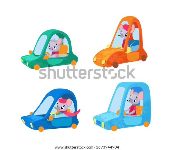Set Funny cartoon mouses in car. Vector
illustration for t-shirt prints, children books, greeting cards,
posters, stickers or decor