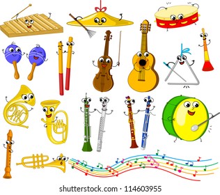 Set of funny cartoon musical instruments