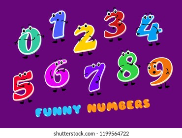 Set of funny cartoon numbers Characters. kids figures one, two, three, four, five, six, seven, eight, nine, zero. Vector illustration on dark background.