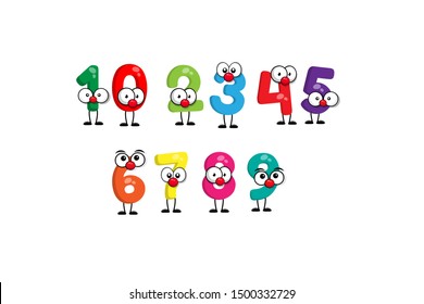 Set of funny cartoon numbers with eyes and legs. Vector illustration. Isolated on white background