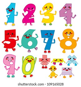 Set of funny cartoon numbers and mathematical operation signs