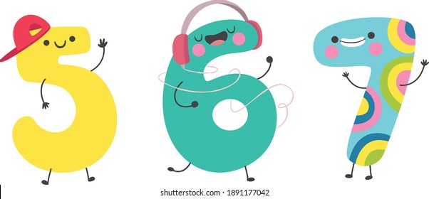 Set of funny cartoon numbers and mathematical operation signs.