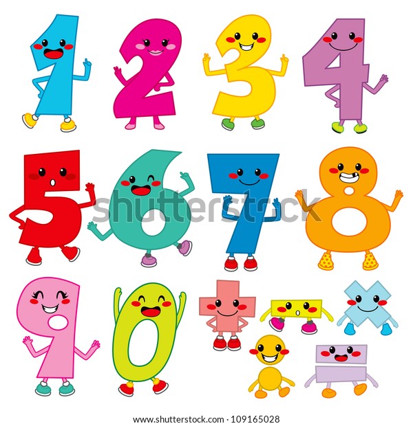 Set of funny cartoon numbers and mathematical\
operation signs