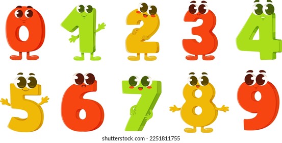 Set of funny cartoon numbers. Vector illustration.