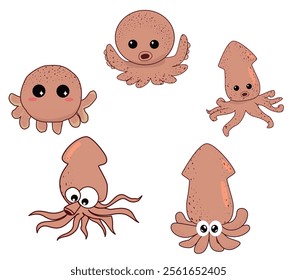 The set of funny cartoon octopus