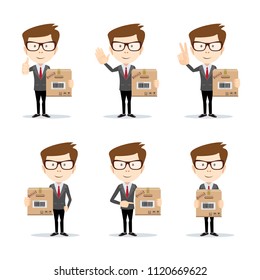 set of funny cartoon office worker in various poses for use in presentations, etc.Businessman in different poses . Full length, front view against white background. Stock flat vector illustration.