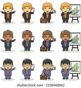 Juego de graciosos trabajadores de la oficina de caricaturas. Un personaje de creación de empresario con traje uniforme. los hombres de negocios de caricaturas son de estilo. Ilustración vectorial diseño plano aislado en fondo blanco.