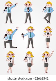 set of funny cartoon office worker talk with Microphone and speaker