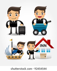 set of funny cartoon office worker go to travel