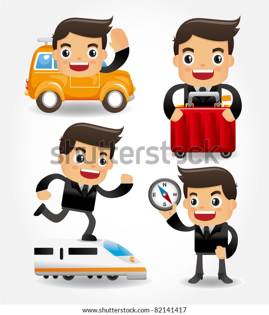 set of funny
cartoon office worker go to
travel