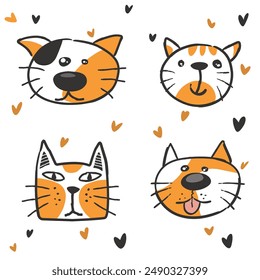 set of funny cartoon orange cats and doodle