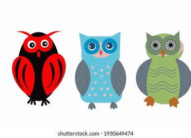 set of funny cartoon owls, colorful birds