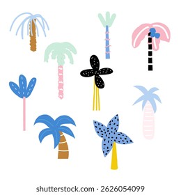 Set of funny cartoon palm trees. Vector hand drawn illustration.
