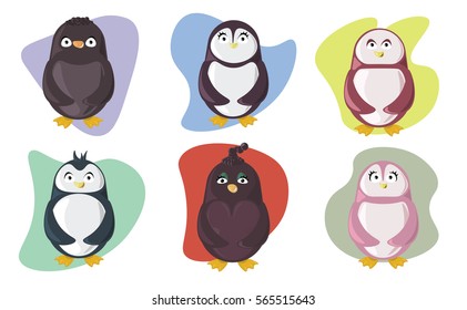 Set of funny cartoon penguins