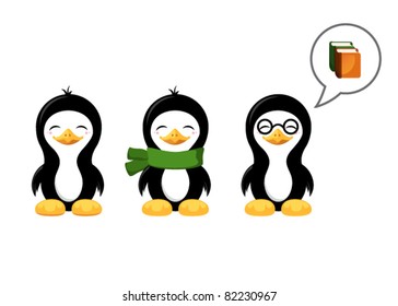 Set of funny cartoon penguins with scarf, book and glasses