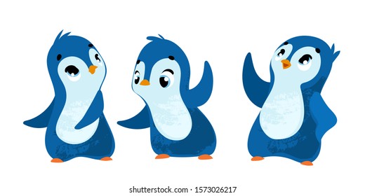 Set Funny cartoon penguins. Vector illustration for postcard, posters, nursery design, greeting card, stickers or room decor