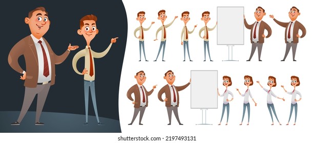 Set of funny cartoon people presenting informational or advertising banner. Characters in various poses pointing at a blank banner, poster or board. Vector illustration. Isolated on white.