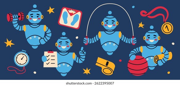 Conjunto de divertido robot entrenador personal de dibujos animados. Lindo personaje moderno futurista. Concepto de progreso tecnológico. Ilustración vectorial plana aislada sobre fondo oscuro.