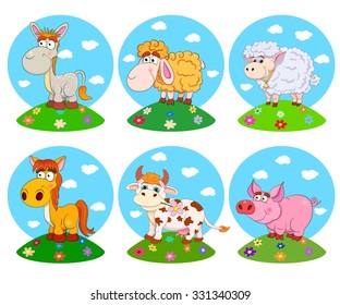 Set of funny cartoon pets: horse, cow, donkey, pig, sheep, ram. Vector illustration on white background.