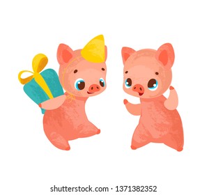  Set Funny Cartoon pig. Vector illustration in children's style.