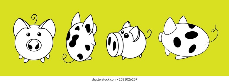 A set of funny cartoon pigs in black and white. Vector illustration on a yellow background.