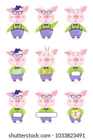 Set of Funny cartoon pigs wearing like a hipster, gentelman. Vector illustration. Happy Easter. 