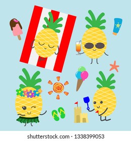 
Set of funny cartoon pineapples character for summer banner background.