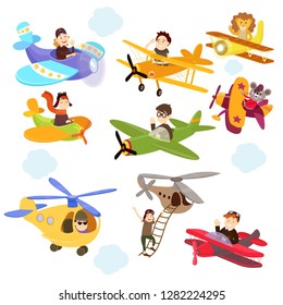 Set of funny cartoon planes with cute pilots.