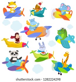 Set of funny cartoon planes with cute pilots.