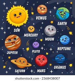 set of funny cartoon planets. Cute planets with smiling faces in  space. Space elements Vector colorful illustration