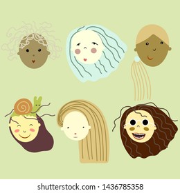 Set of funny cartoon portraits of young women  - with emotion. Different nationalities female faces. Vector design. mood. 