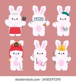 set of funny cartoon profession bunny