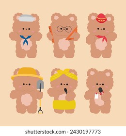 set of funny cartoon profession cute bear