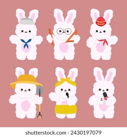 set of funny cartoon profession rabbits