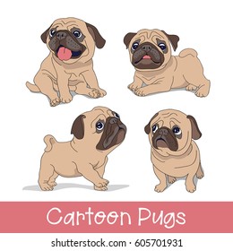 Set of the Funny cartoon pugs puppies. Vector illustration.