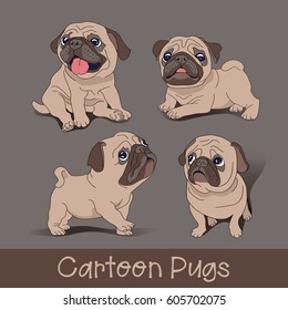 Set of the Funny cartoon pugs puppies. Vector illustration.