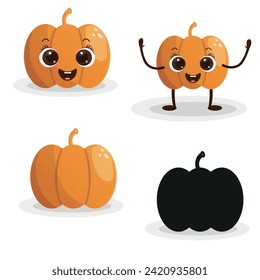 Juego de graciosas calabazas de dibujos animados con brazos y piernas sobre un fondo blanco. Carácter vector de calabaza