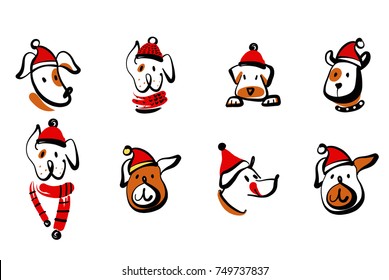 Set of funny cartoon puppy vector illustration for concept template logo for pet shop, veterinary clinic. Freehand drawing image face dog isolated on white background. 