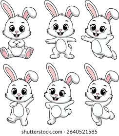 A set of funny cartoon rabbits. Adorable white bunny rabbits cartoon poses. Happy cartoon bunnies. Funny, cute bunnies.	