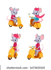 Set Funny cartoon rat on a vintage scooter. Vector illustration for t-shirt prints, greeting cards, posters, stickers or decor