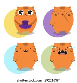 Set of funny cartoon red cat with various emotions. Vector illustration