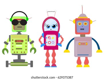 Set of funny cartoon robots art illustration vector