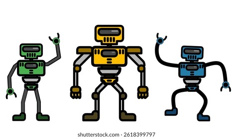set of funny cartoon robots. robot vector design collection, isolated on white background , Three Colorful Cartoon Robots Standing