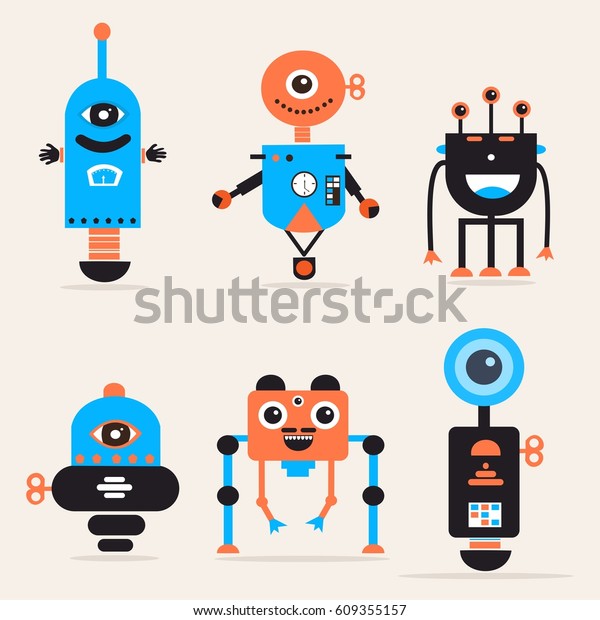 Set of funny cartoon
robots. Vector.