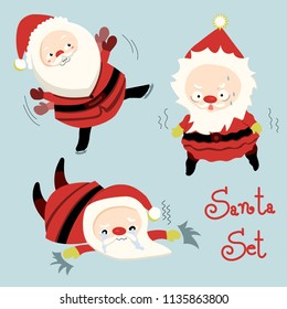 Set of funny cartoon Santa Claus in various emotion. Cute character design. Vector illustration using for card, logo, or template.