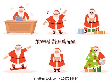 Set of funny cartoon Santa Clauses. Santa Claus decorates the Christmas tree and gives gifts. Set of six Santa Clauses on a white background. Vector illustration
